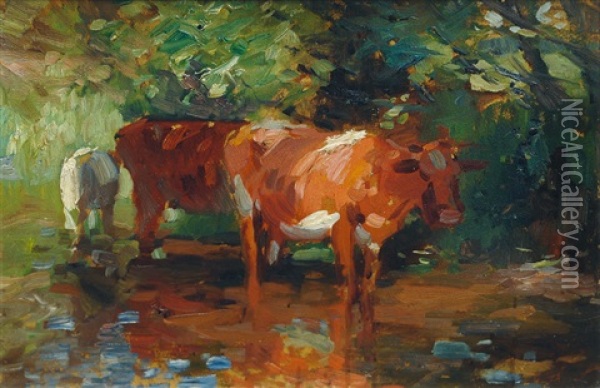 Cows At The Lake Oil Painting - Thomas Herbst