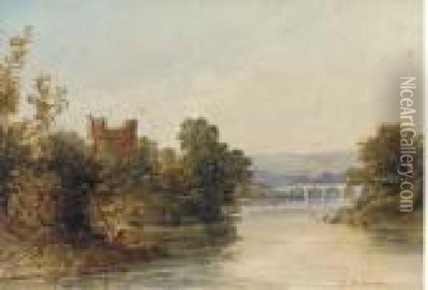 Castle Ruins On The Banks Of A River, A Bridge Beyond Oil Painting - Edward M. Richardson