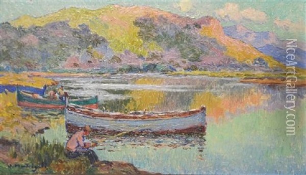 Fishermen In Corsica Oil Painting - Olynthe Madrigali