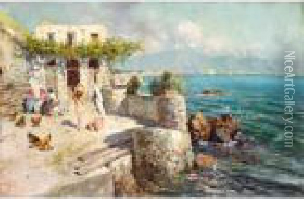 Italian Coastal Village Oil Painting - Giuseppe Giardiello
