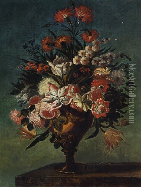 Carnations, Roses, Tulips, Bluebells And Other Flowers In An Urn On A Ledge Oil Painting - Bartolome Perez