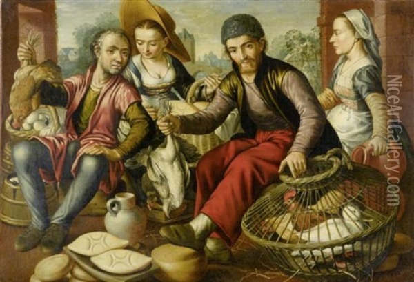 Zwei Bauernpaare Mit Vogelvieh Auf Einem Markt Oil Painting - Joachim Beuckelaer