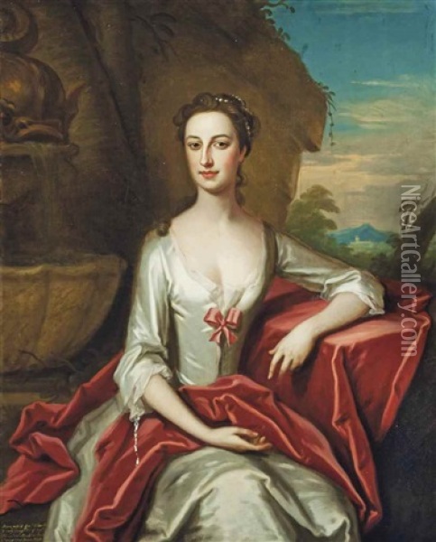 Portrait Of Anne Columbine (c.1711-1771), Three-quarter-length, In A White Silk Dress, Leaning On A Draped Stone Ledge In A Garden Oil Painting - Enoch Seeman