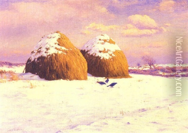 Two Haystacks In Snow Oil Painting - George Harvey