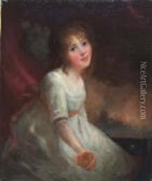 Her White Dress Tied By A Ribbon At Her Waist Oil Painting - John Hoppner