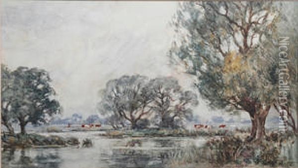 Cattle Grazing In A Waterside Pasture Oil Painting - George Leon Little