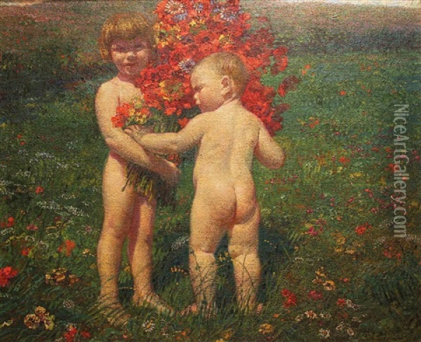 Children In A Meadow Oil Painting - Evariste Carpentier