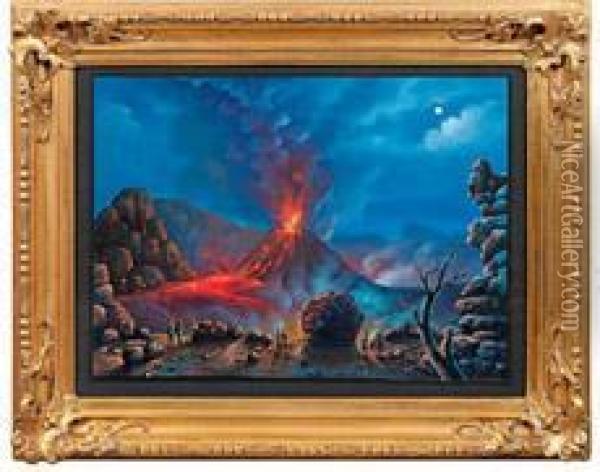 Ausbrechender Vesuv Im Mondschein Oil Painting - Gioacchino La Pira