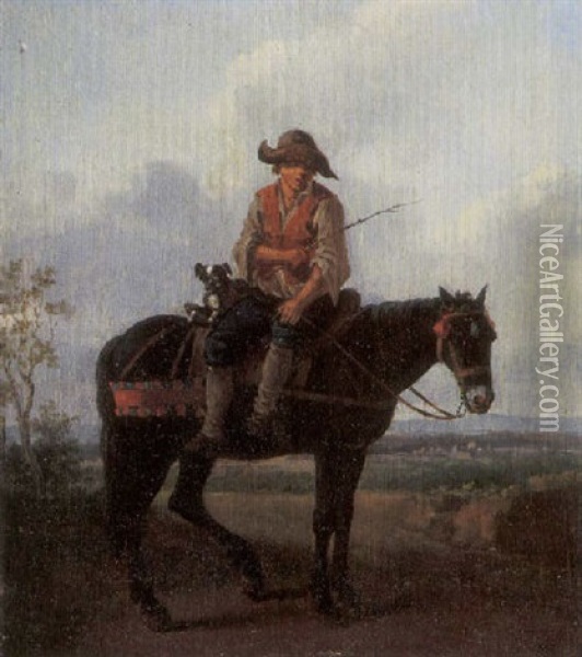 A Peasant And His Dog On A Horse In A Landscape Oil Painting - Paolo Monaldi