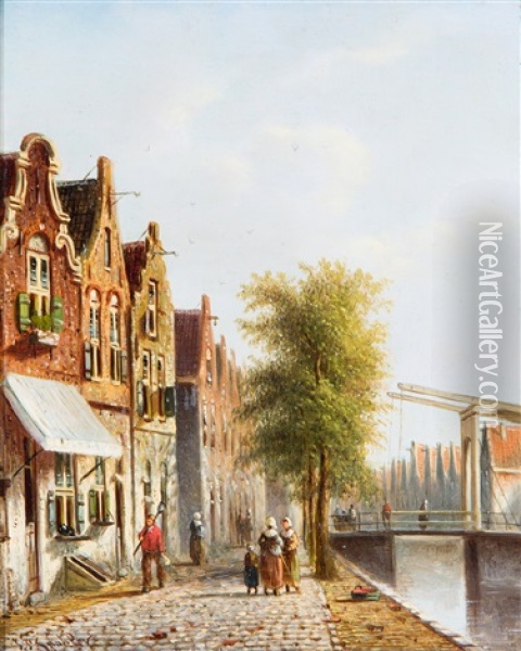 Figures Strolling Along A Dutch Canal Oil Painting - Johannes Franciscus Spohler