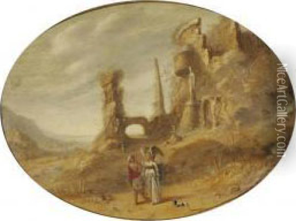 A Rocky Landscape With Tobias And The Angel Near Ancient Ruins Oil Painting - Rombout Van Troyen