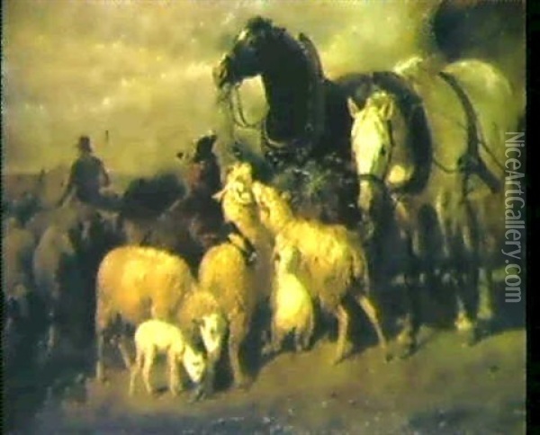 Pferdefuhrwerk Mit Schafherde Oil Painting - Franz Seraph von Lenbach