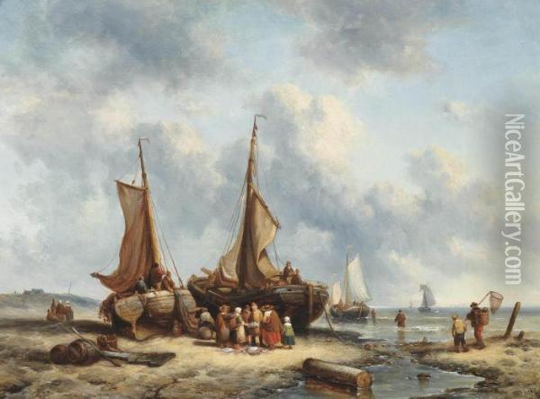Fishermen Selling Their Catch On The Foreshore Oil Painting - George Willem Opdenhoff