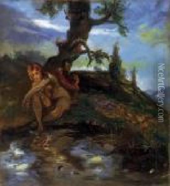 Nymph And Faun Oil Painting - Hugo Scheiber