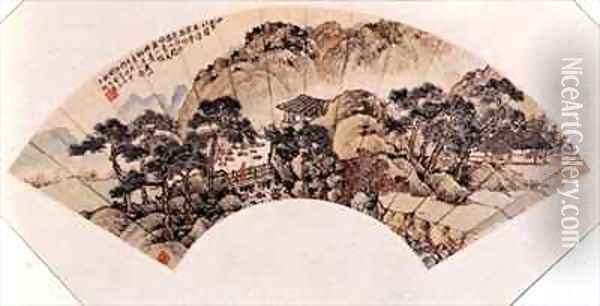 Small Bridge over Flowing Stream folding fan mounted as an album leaf Chinese Oil Painting - Shih-shu Fang