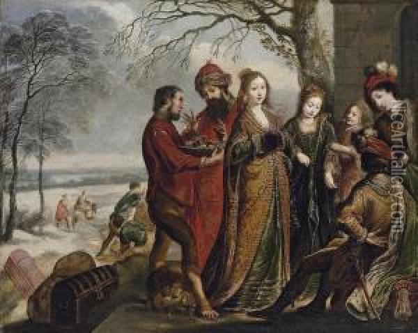 Solomon And The Queen Of Sheba, In A Winter Landscape Oil Painting - Claude Vignon