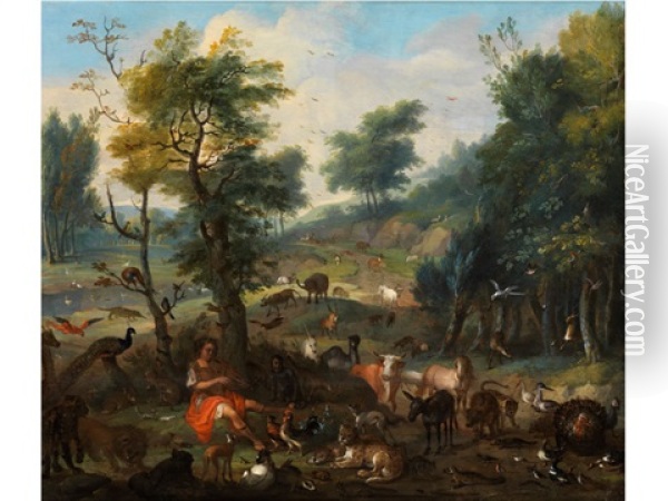 Orpheus Bezaubert Die Tiere Im Paradies Oil Painting - Johann Georg de Hamilton