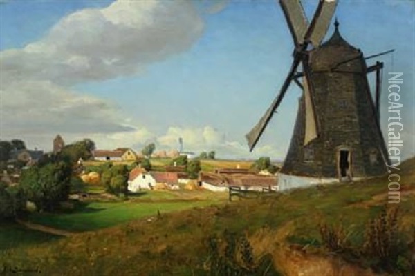 Landscape With Windmill And Houses Oil Painting - Hans Andersen Brendekilde