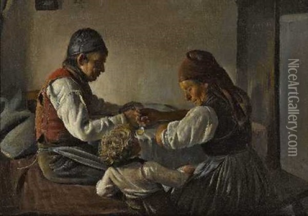 Taglohnerfamilie Am Mittagstisch Oil Painting - Franz Seraph von Lenbach