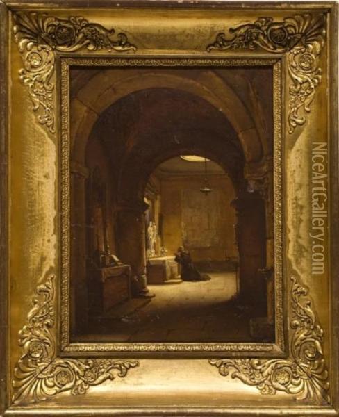 Monje Orando En El Interior De La Iglesia Oil Painting - Francois-Marius Granet