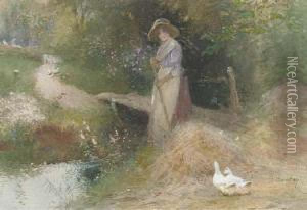 Feeding The Ducks; And Gathering The Hay (illustrated) Oil Painting - Thomas Mackay