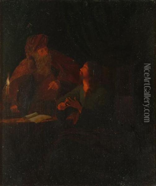 A Candlelit Conversation Oil Painting - Rembrandt Van Rijn