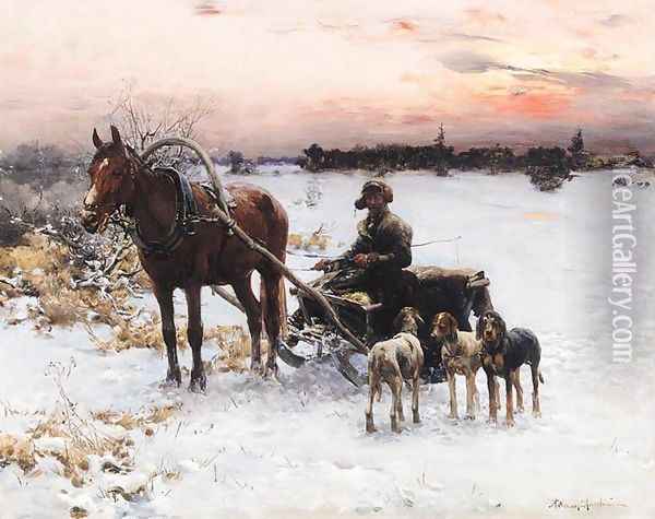 Horse Drawn Sled at Dusk Oil Painting - Alfred Wierusz-Kowalski