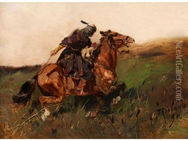 Kaukasischer Reiter In Hugeliger Landschaft Oil Painting - Franz Roubaud