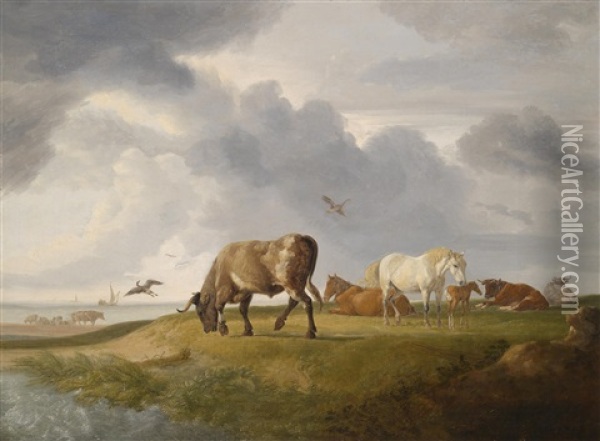 Kuhe Und Pferde An Der Kuste Grasend Oil Painting - Johann Heinrich Menken