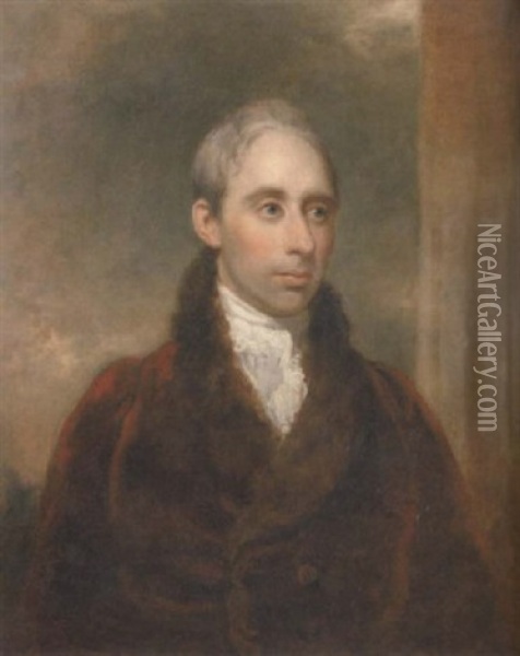 Portrait Of Henry Heneage St. Paul, M.p. For Berwick, In A Red Velvet Coat Trimmed With Fur And A White Cravat, Beside A Column With A Landscape Beyond Oil Painting - Arthur William Devis