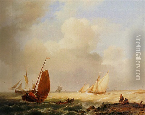 Sailing Vessels On A Choppy Sea Oil Painting - Hermanus Koekkoek the Elder