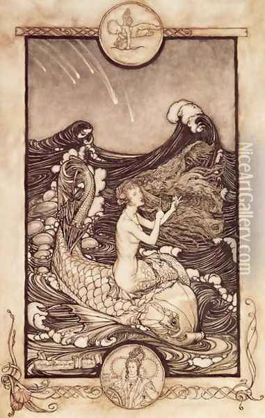 Mermaid and Dolphin from A Midsummer Nights Dream, 1908 Oil Painting - Arthur Rackham