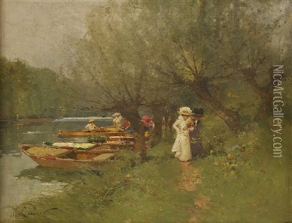 Ladies Promenading By A River, With Other Figures In Punts Oil Painting -  Marcel-Lenoir (Jules Oury)