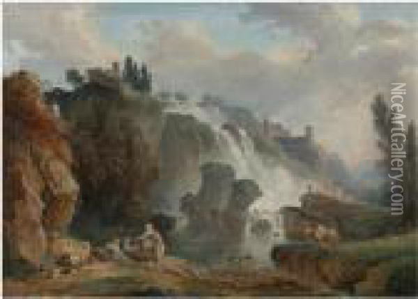 The Cascades At Tivoli With The Temple Of Vesta, Some Figures Resting In The Foreground. Oil Painting - Hubert Robert