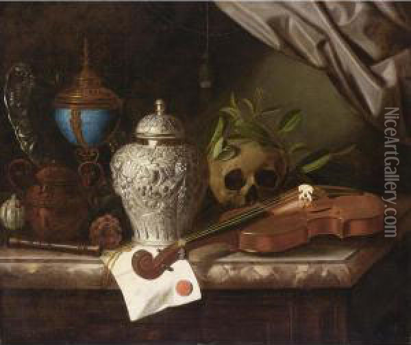 A Vanitas Still Life With A 
Violin, A Recorder, A Skull Draped With Laurel Branches, A Silver Ginger
 Jar, A Sugar Pot, A Standing Cup And Cover With Silver-gilt Mounts, A 
Silver Chased Dish And A Letter With A Red Seal, All On A Marble Ledge Oil Painting - Pieter Gerritsz. van Roestraten