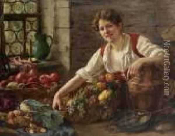 Junge Magd Mit Obst Und
 Gemuse. Oil Painting - August Friedrich Schlegel