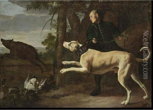 A Huntsman With His Hound 
Chasing A Boar In A Wooded Landscape, Ducks In A Pond In The Foreground Oil Painting - Carl Borromaus Andreas Ruthart