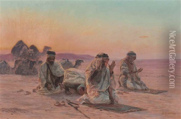 Praying In The Desert Oil Painting - Otto Pilny