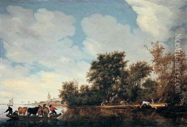 A River Landscape With A Cattle Ferry Oil Painting - Salomon van Ruysdael