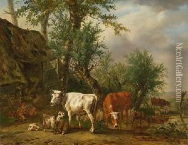 Vieh An Der Tranke. Oil Painting - Janbaptist Ii Kobell