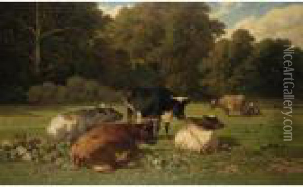 Cattle Resting In A Meadow Oil Painting - Louis Marie Dominique Romain Robbe