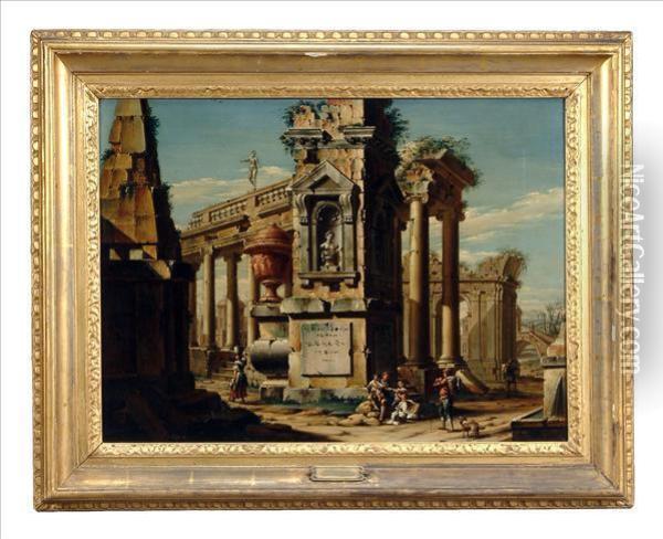 Figures Among Roman Ruins Oil Painting - Jacopo Fabris Venice