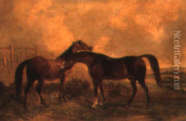 Two Bay Hunters In A Landscape Oil Painting - John Ferneley Jr.
