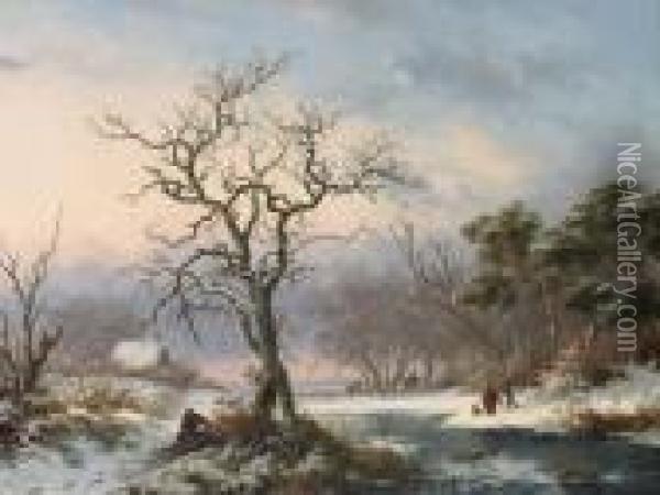 Faggot Gatherers In A Winter Landscape Oil Painting - Frederik Marianus Kruseman