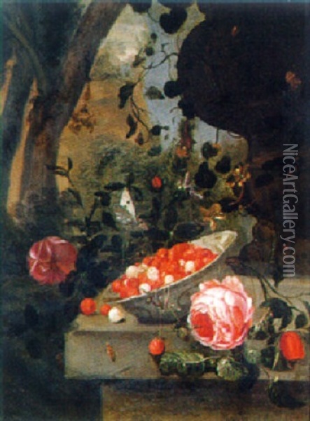 A Branch Of Roses And Fraise-de-bois In A Klapmuts By An Ivy Covered Sculpted Vase Oil Painting - Jan Mortel