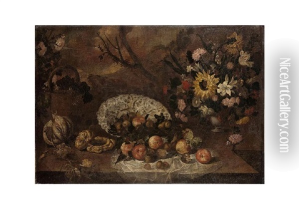 Nature Morte Au Vase De Fleurs Et Coupe De Fruits Sur Un Entablement Oil Painting - Tomas Yepes