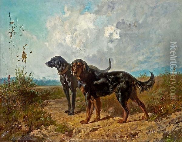 Two Retrievers In A Landscape Oil Painting - Rudolf Fedorovich Frentz