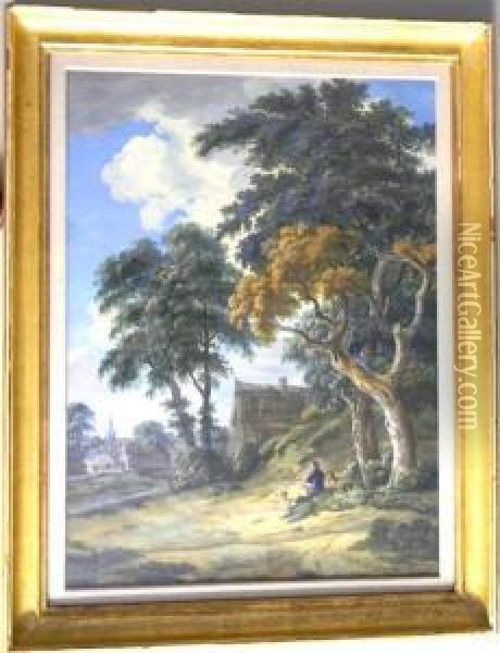 Landscape Of A Man With A Dog On A Hill Overlooking Avillage Oil Painting - Hermanus Van Brussel