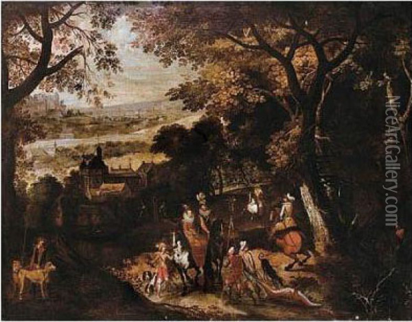 Landscape With A Hunting Party Oil Painting - Sebastien Vrancx