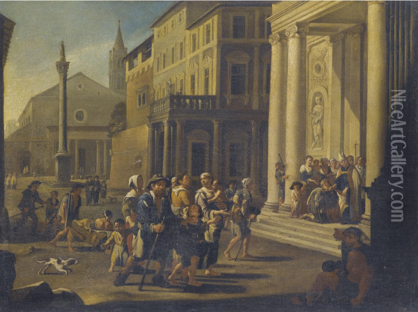 A Townscape With A Bishop Healing The Sick And Injured In Front Of A Church Oil Painting - Willem Reuter